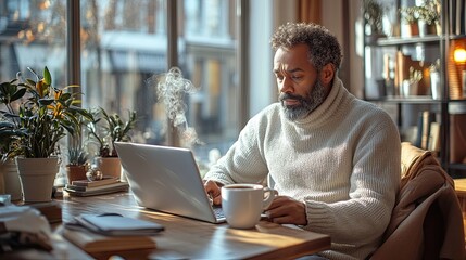 A man sits at a table in a cafe, working on his laptop while drinking a cup of coffee. He is looking intently at the screen, and the steam from his coffee is rising up.