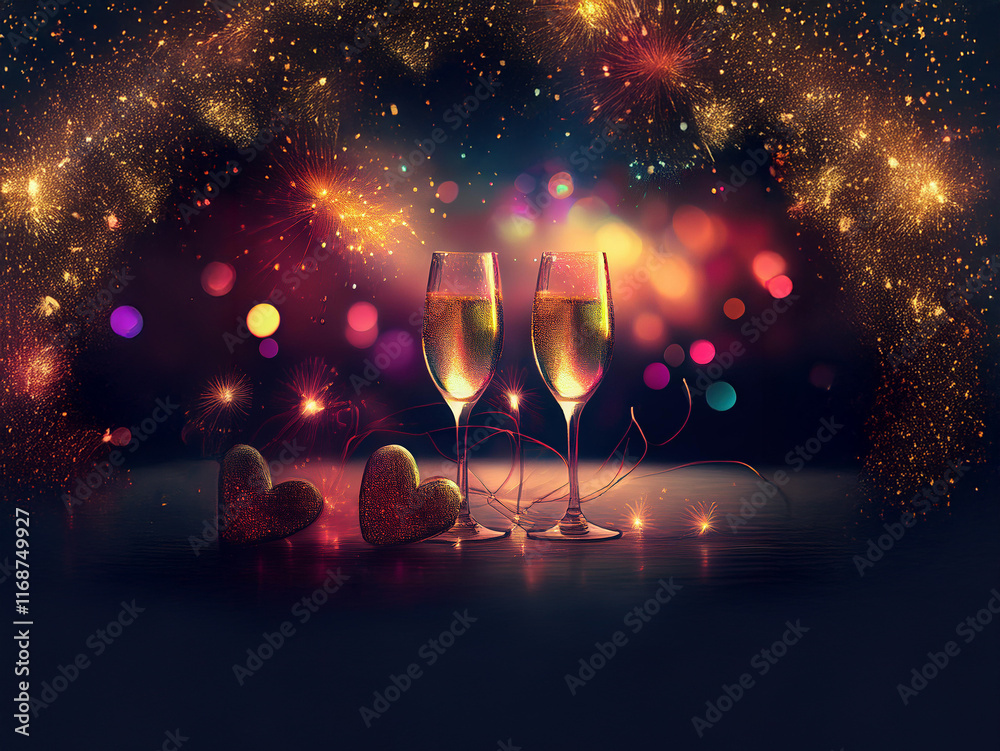 Poster two champagne flutes filled to the brim stand before a backdrop of glittering lights and bokeh, alon