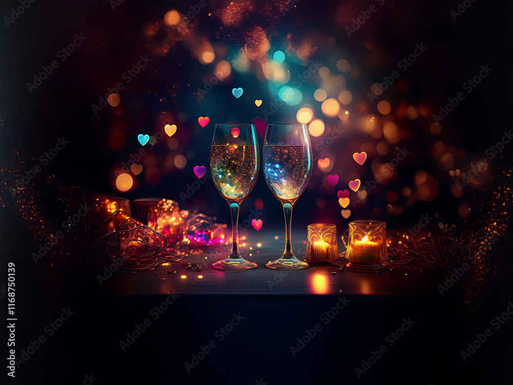 Poster romantic evening scene with two champagne flutes, illuminated by warm candlelight and colorful bokeh