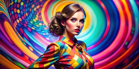 Fashion Model Posing Against Vibrant Abstract Background, Colorful Clothing, Studio Shot