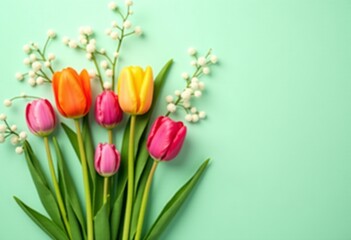 Obraz premium Colorful Tulips with Soft Baby's Breath on a Mint Green Canvas – Perfect for Home Decor and Floral Art in Ultra HD Quality