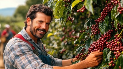 Farmer picking arabica coffee beans on brazilian plantation