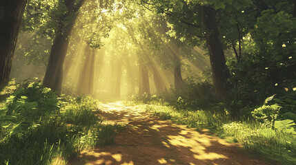 Obraz premium sunlit forest path surrounded by lush green plants creates serene atmosphere