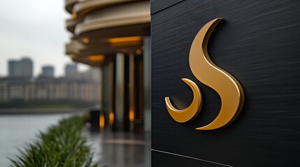 Golden abstract logo on dark wall outside building