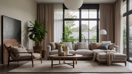 Naklejka premium Inviting Beige Living Room with Large Sofa Couch and Expansive Windows in Classic Design Home Decor