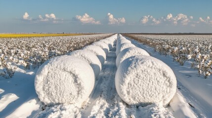 Round cotton bales covered with snow along a path in a field