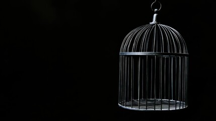 A dark, empty birdcage suspended against a black background, symbolizing captivity or freedom.