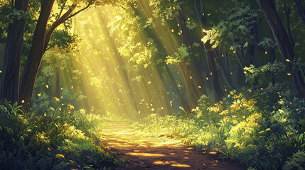 Obraz premium tranquil pathway through dense forest with golden rays of sunlight