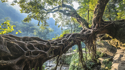 tranquil subtropical forest in Nepal with lush vegetation and roots