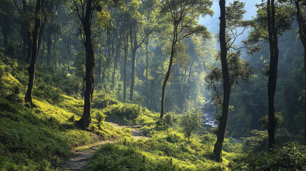 Obraz premium tranquil subtropical forest landscape in Nepal with lush greenery and sunlight