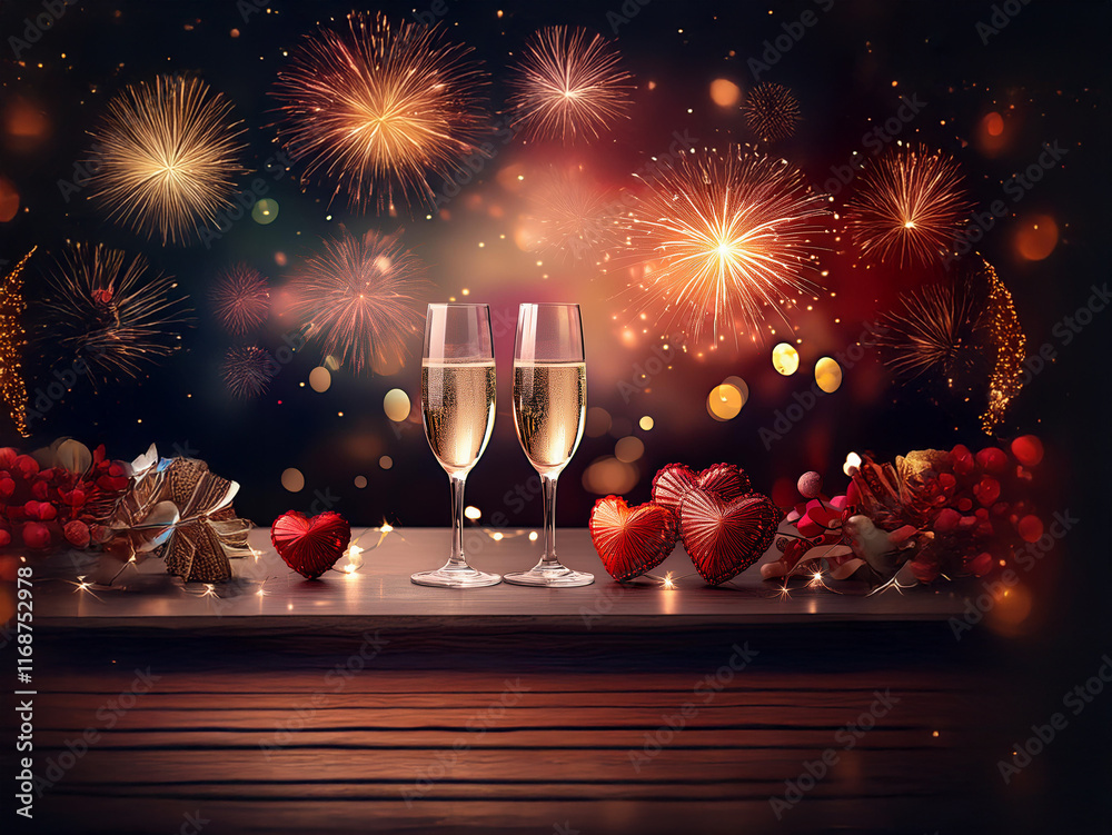 Poster two champagne flutes filled with bubbly stand on a table adorned with red hearts and festive ornamen