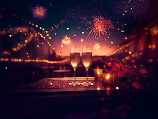 Romantic celebration with champagne flutes on a table overlooking a bridge at night, illuminated by fireworks and twinkling lights.  A festive and magical atmosphere.