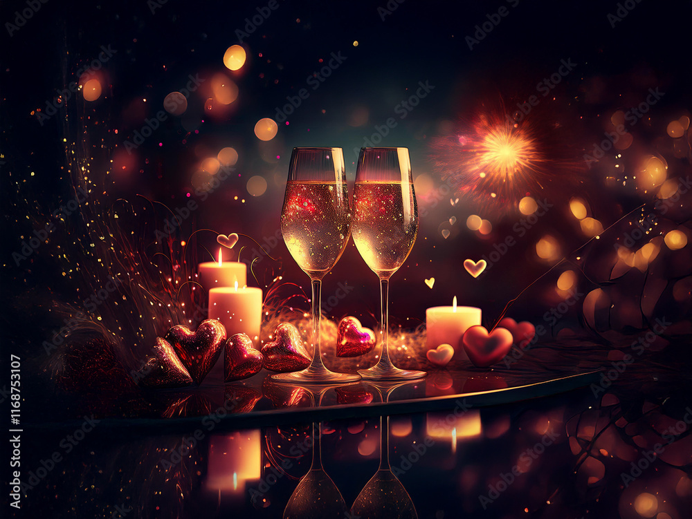 Poster romantic scene with two champagne flutes, candles, and hearts. sparkling bokeh and reflections creat