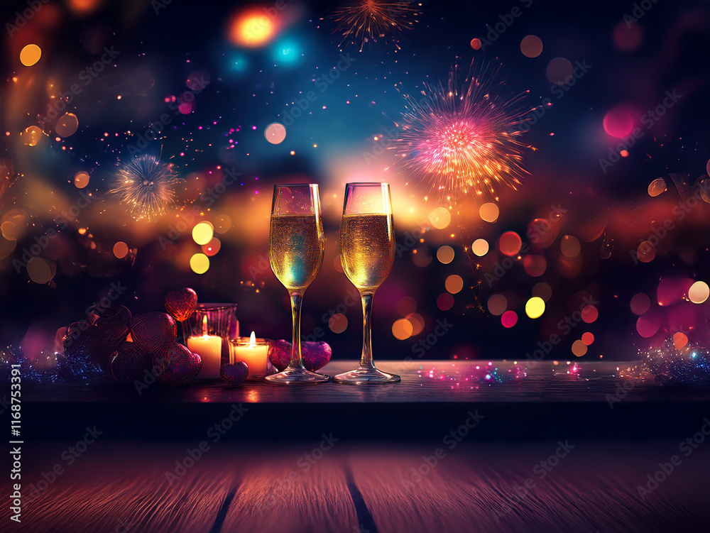 Poster two champagne flutes filled to the brim sit on a wooden surface, illuminated by a vibrant, celebrato