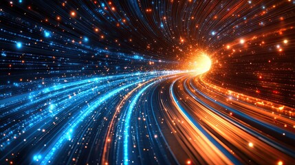 Naklejka premium Technology data flow with wave and particle effects, representing the dynamic movement of information in modern business, digital transformation, and advanced technological solutions. 