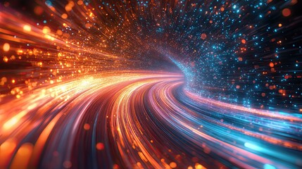 Technology data flow with wave and particle effects, representing the dynamic movement of information in modern business, digital transformation, and advanced technological solutions. 