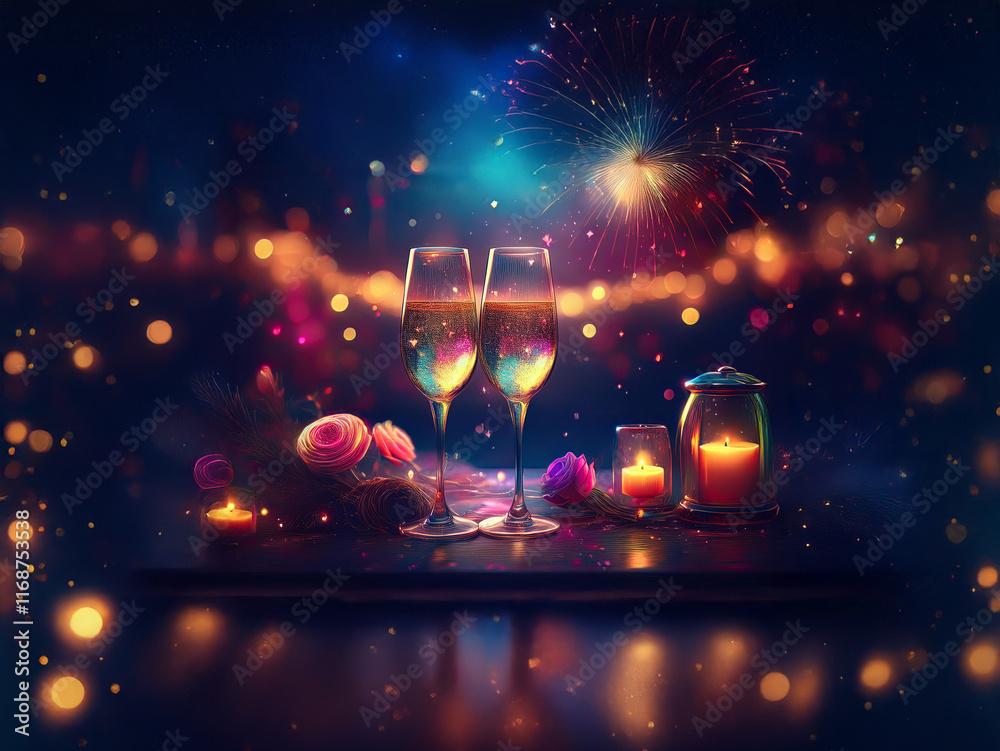 Poster romantic celebration scene with two champagne flutes, candles, and fireworks reflecting on a dark su