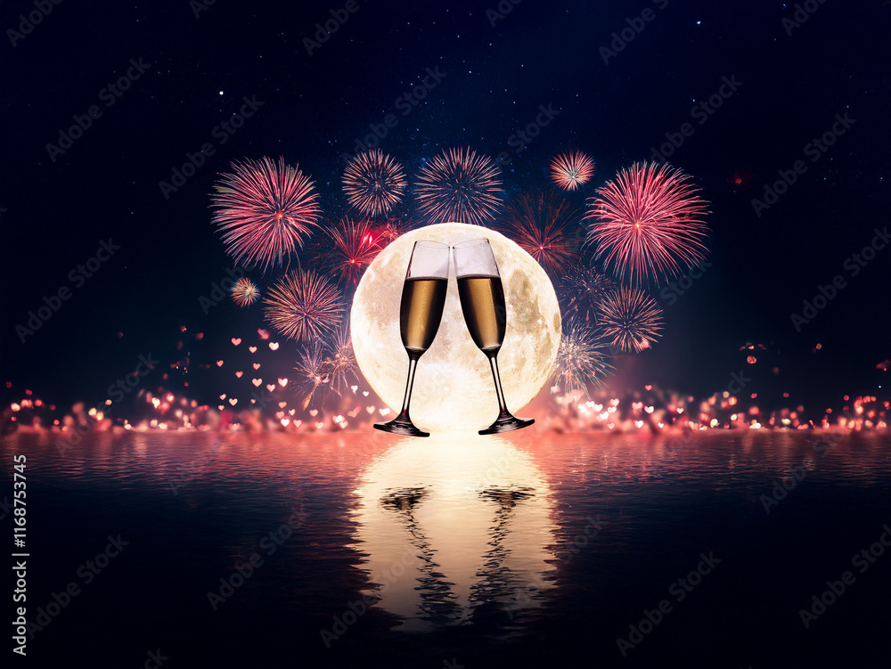 Poster two champagne flutes clink before a full moon and vibrant fireworks display reflected in still water