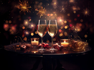 Two champagne flutes filled to the brim, candles, and sparkling fireworks create a romantic, celebratory ambiance. Perfect for a special occasion.