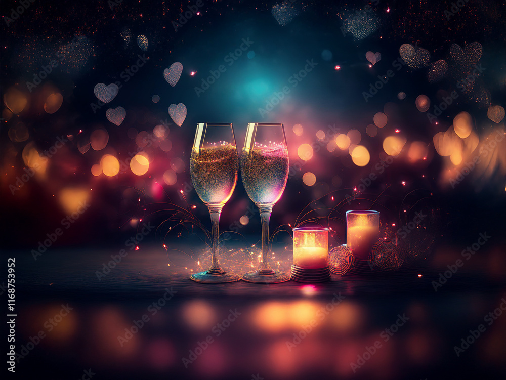 Poster romantic image of two champagne flutes filled with sparkling wine, accompanied by flickering candles