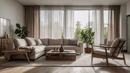 Spacious Beige Living Room with Comfortable Sofa Couch and Expansive Windows for Natural Brightness Home Decor