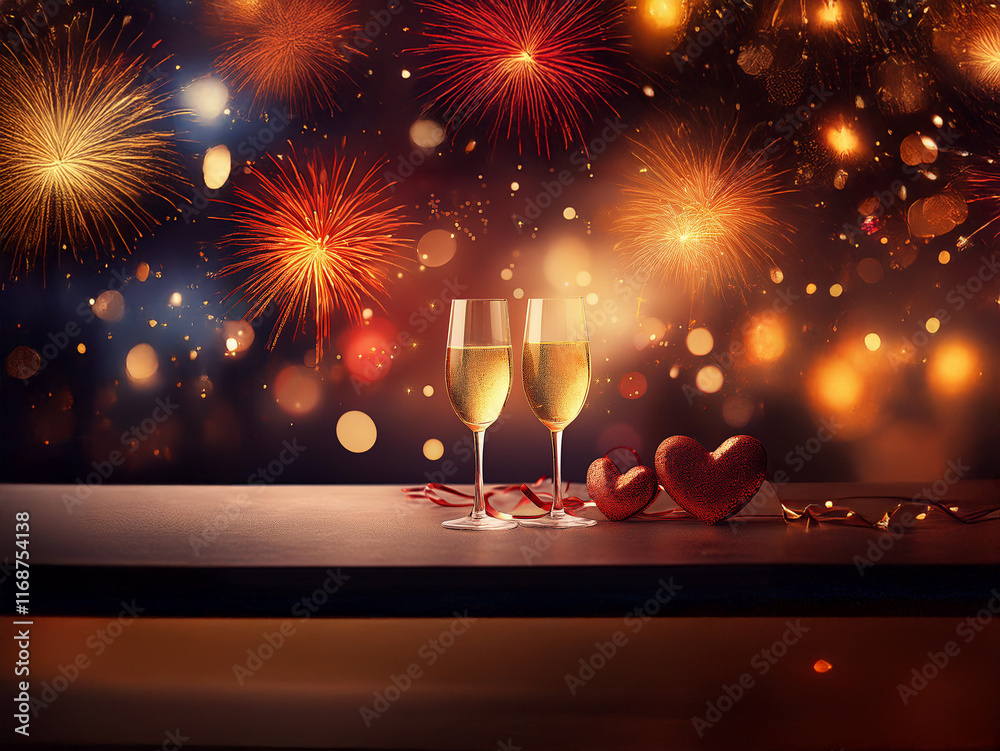 Poster Two champagne flutes stand on a table before a vibrant fireworks display, illuminated by warm bokeh lights and accompanied by heart-shaped decorations.  A celebratory scene perfect for romance or spec