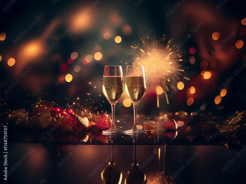 Poster two champagne flutes filled to the brim, sparkle with celebratory fireworks in a bokeh background of