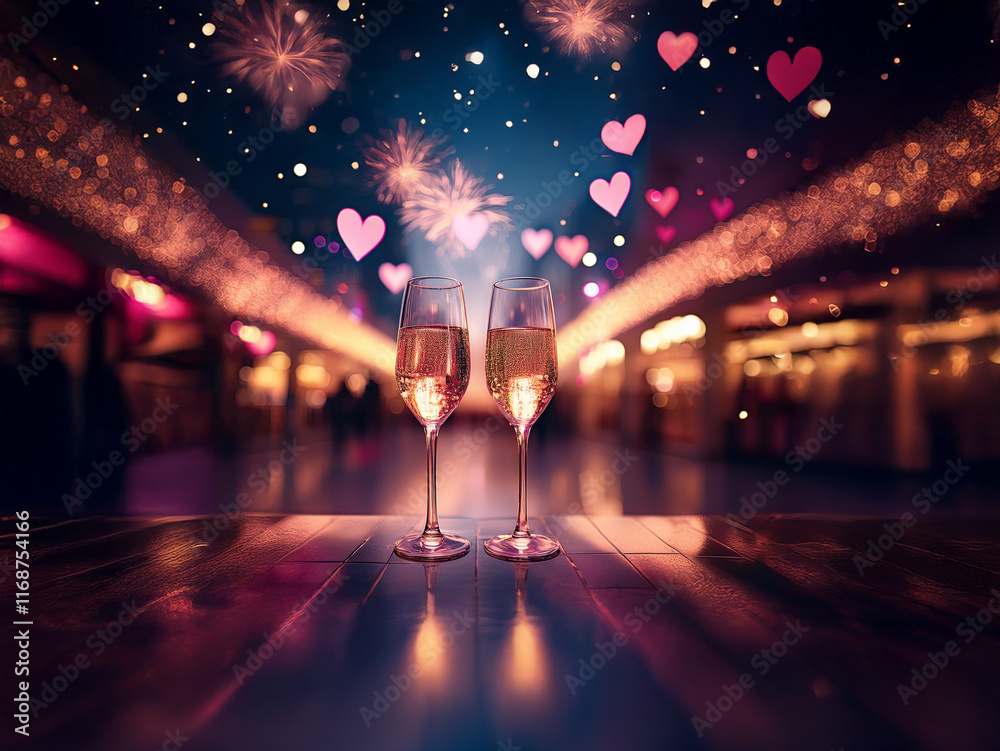 Poster two champagne flutes sit on a table, illuminated by warm lights and a magical backdrop of fireworks 