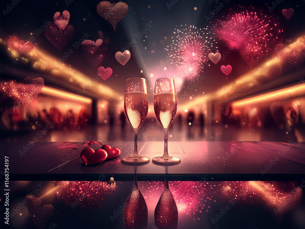 Poster two champagne flutes sit on a table, reflecting the celebratory fireworks and floating hearts in a r