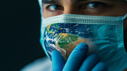 A close-up image of a person wearing a mask with the globe design, symbolizing the global pandemic.