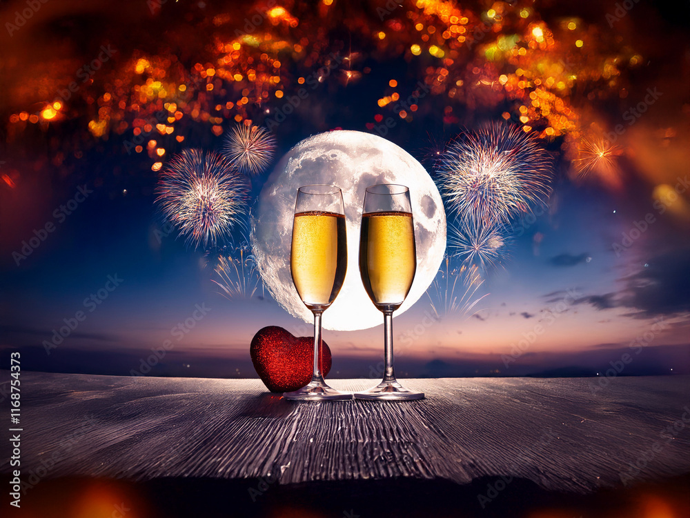 Aufkleber two champagne flutes sit on a wooden surface before a full moon and fireworks display. a red heart r