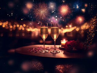 Romantic evening scene: Two champagne flutes, a burning candle, and a red rose sit on a table before a dazzling fireworks display.  Celebration, love, and luxury are palpable.
