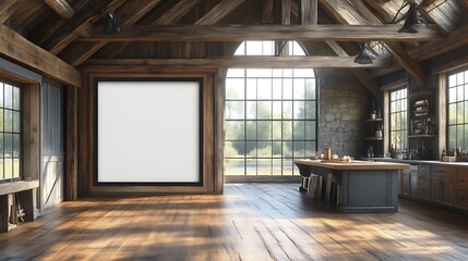 Rustic Wooden Cabin Interior With Large Blank Canvas