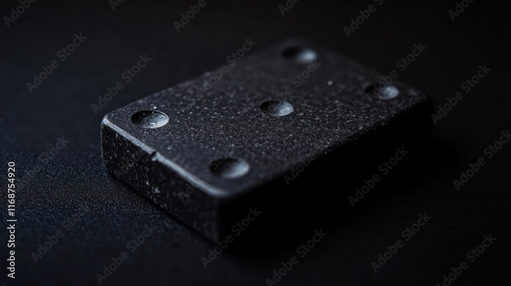 Aufkleber A dark, textured rectangular object with four circular indentations on a black surface.