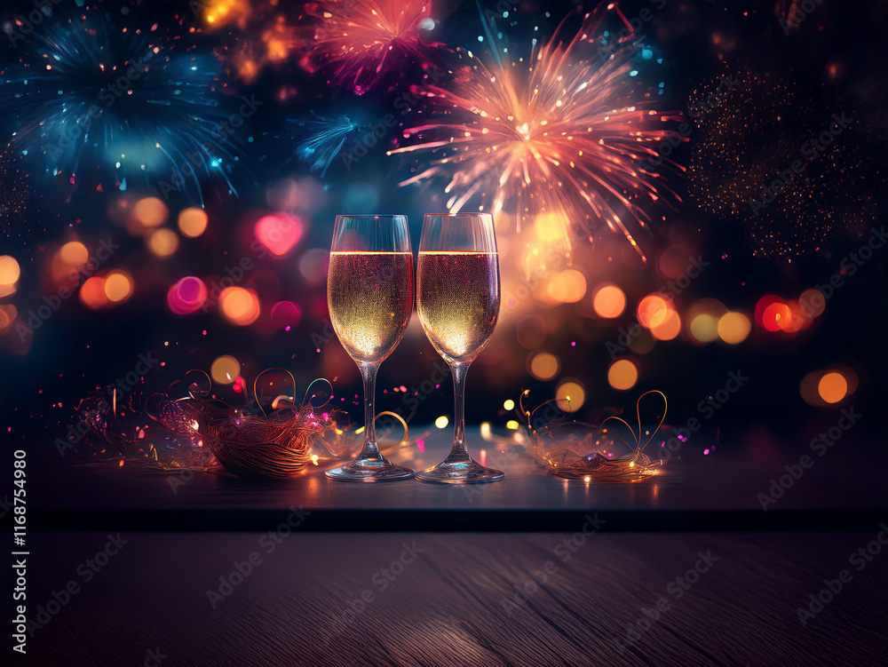 Poster two champagne flutes filled to the brim, sit on a dark wooden surface, set against a vibrant backdro