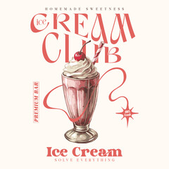 Fresh Ice cream love club graphic print t-shirt, Bow tie, apparel, posters, background, Retro ice cream hand-drawn vector art, Enjoy summer with sweet ice cream. Summer graphic t shirt design for girl