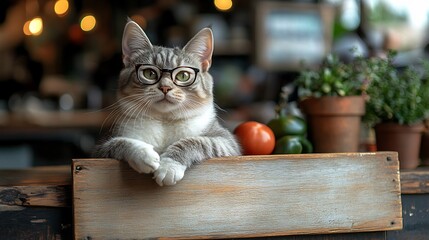 Stylishly Sophisticated Cat Posing Close-Up Photo: Relaxed Mood in Cozy Cafe Setting. AI Generated