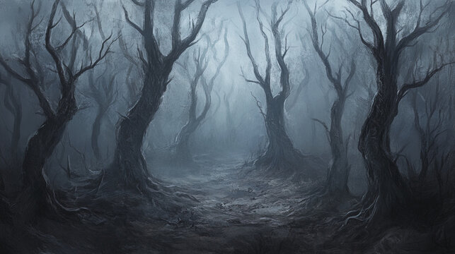 Unsettling forest landscape with bare trees and misty atmosphere