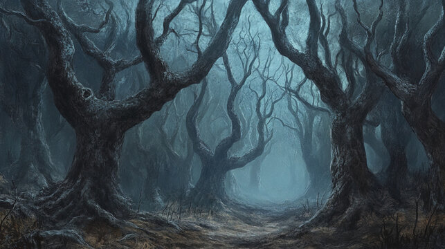 unsettling forest landscape with bare trees and misty atmosphere