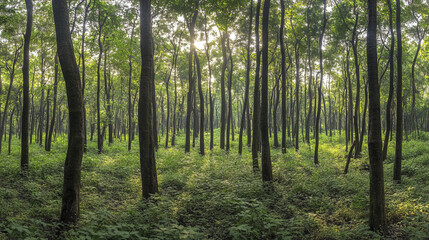 Obraz premium Dense subtropical forest in Nepal with tall trees and lush greenery