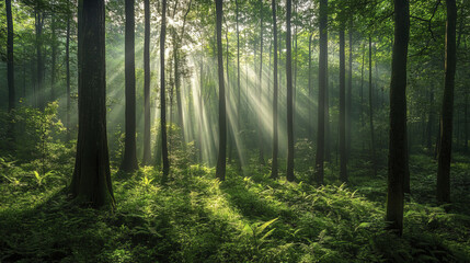 Obraz premium Lush subtropical forest with tall trees and sunlight filtering through