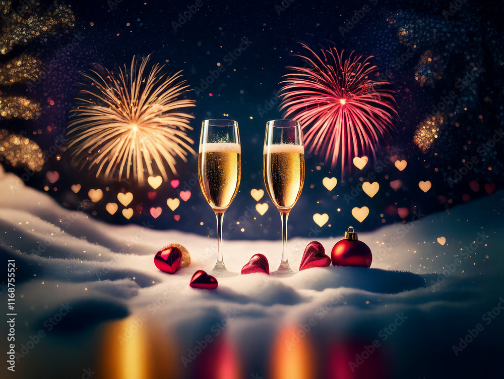 Aufkleber two champagne flutes filled to the brim rest on a snowy surface amidst sparkling fireworks and small