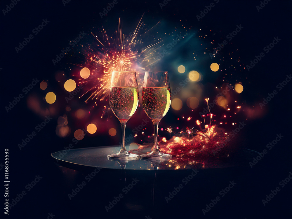Poster two champagne flutes filled to the brim sit on a silver tray, exploding with celebratory fireworks a