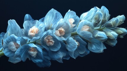 Obraz premium Delicate blue flowers showcasing intricate petals and soft hues against a dark background during natural lighting. Generative AI