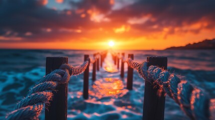 Fototapeta premium A stunning view of a rope-lined pier leading into the ocean at sunset, showcasing serene reflections and tranquil waves.