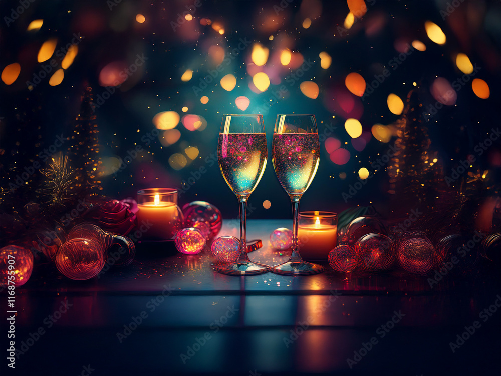 Aufkleber romantic new year's eve scene: two champagne flutes, glowing candles, and festive ornaments create a