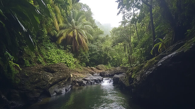 serene tropical rainforest scene with lush greenery and calm stream