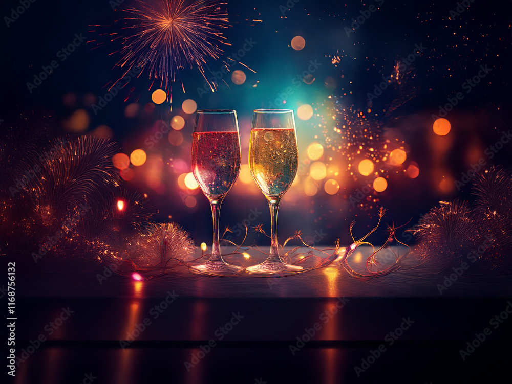 Poster two champagne flutes filled with sparkling wine sit on a table, illuminated by festive lights and fi