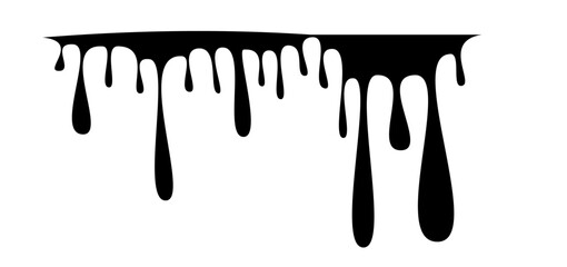 Dripping blood liquid, melt drips borders silhouette in black ink style. different dripping patterns for horror and spooky themes. Flowing liquid. Stencil drops. Chocolate drops. Oil drop