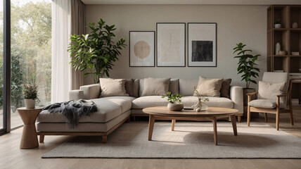 Tranquil Living Room with Beige Sofa Couch, Wide Windows, and Classic Design Elements for a Peaceful Vibe Home Decor